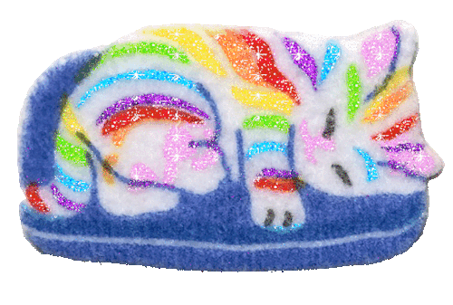 white fabric cat sticker with rainbow sparkles